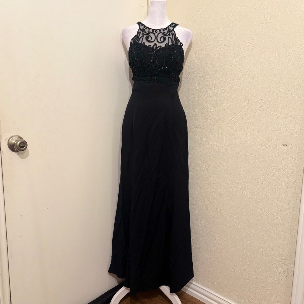 Vintage 90s Black Glitter Embroidered Mesh Maxi Dress Gown Whimsigoth Gothic 7